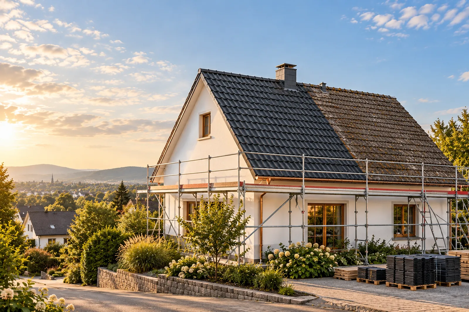 Einfamilienhaus mit Gerüst, links neue anthrazitfarbene Dachziegel, rechts noch die alte Eindeckung