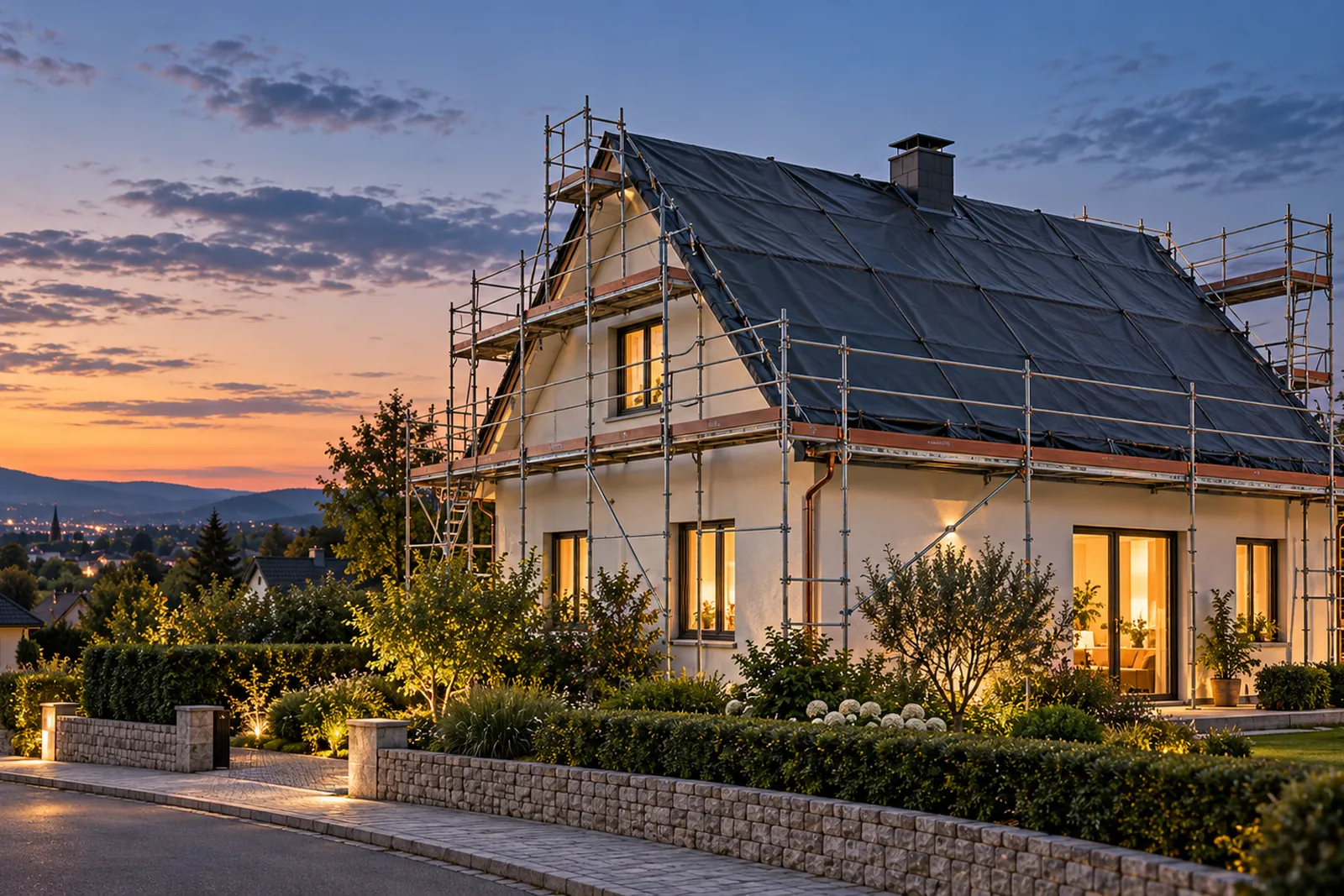 Wohnhaus mit Gerüst am Abend, in den Fenstern brennt warmes Licht