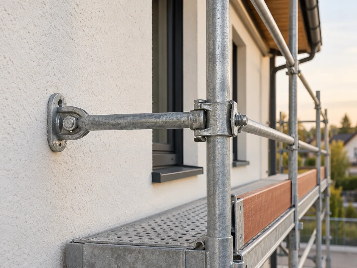 Gerüstverankerung und Geländer an einer Hauswand im Detail
