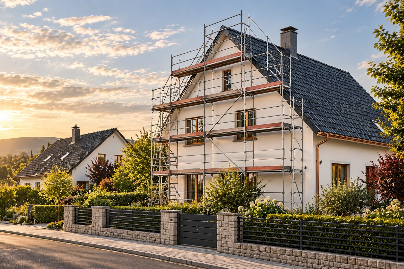 Wohnhaus mit Baugerüst, daneben ein Gartenzaun und das Nachbarhaus