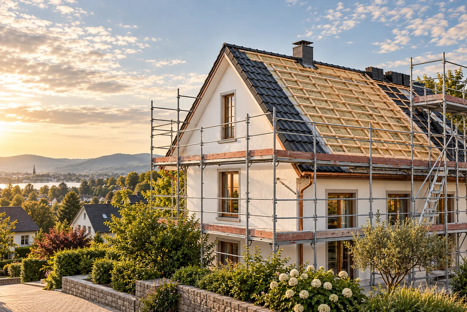 Wohnhaus mit offener Dachfläche, sichtbarer Dämmung und Gerüst