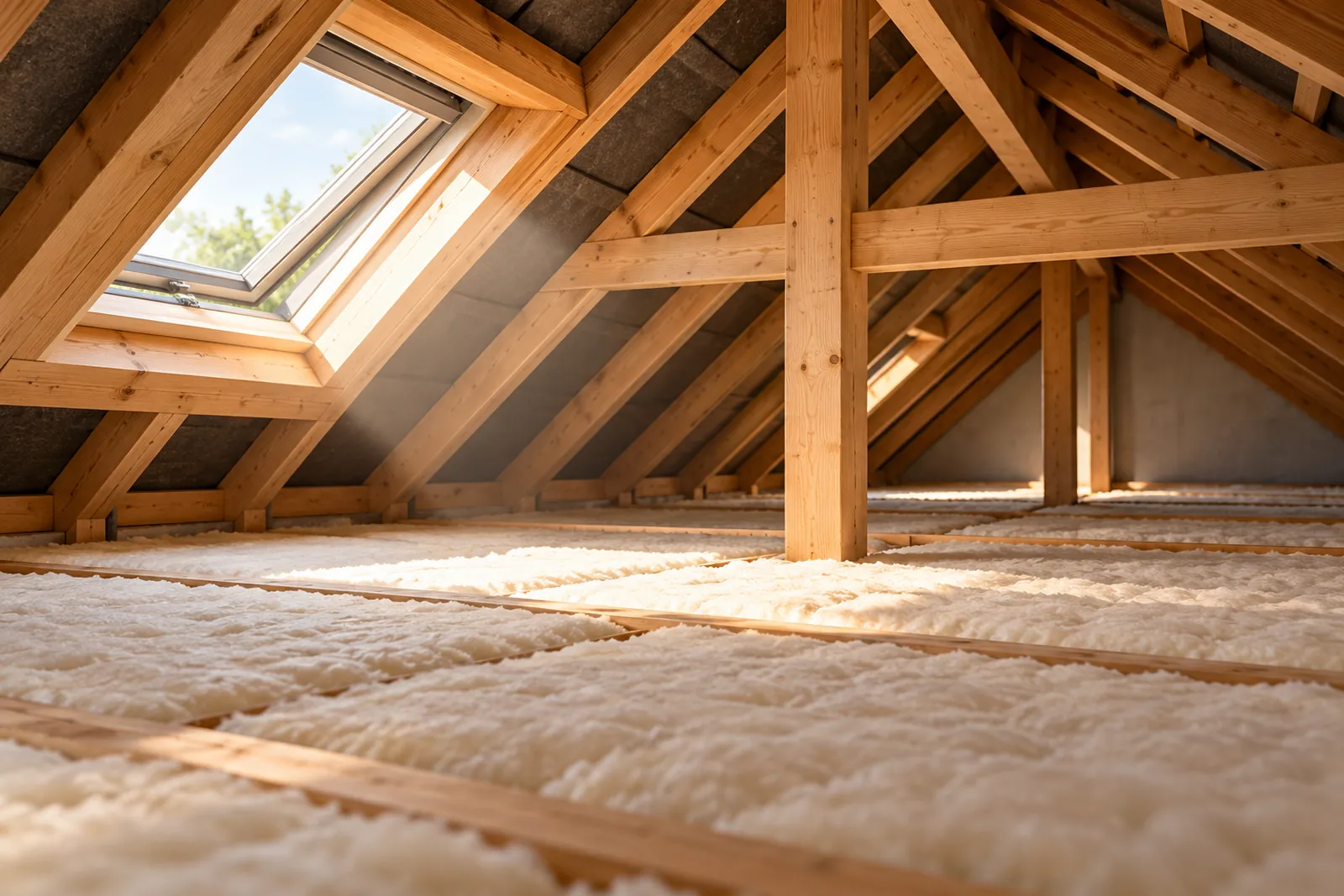 Dachboden mit auf der Decke ausgelegter Dämmung und Dachluke