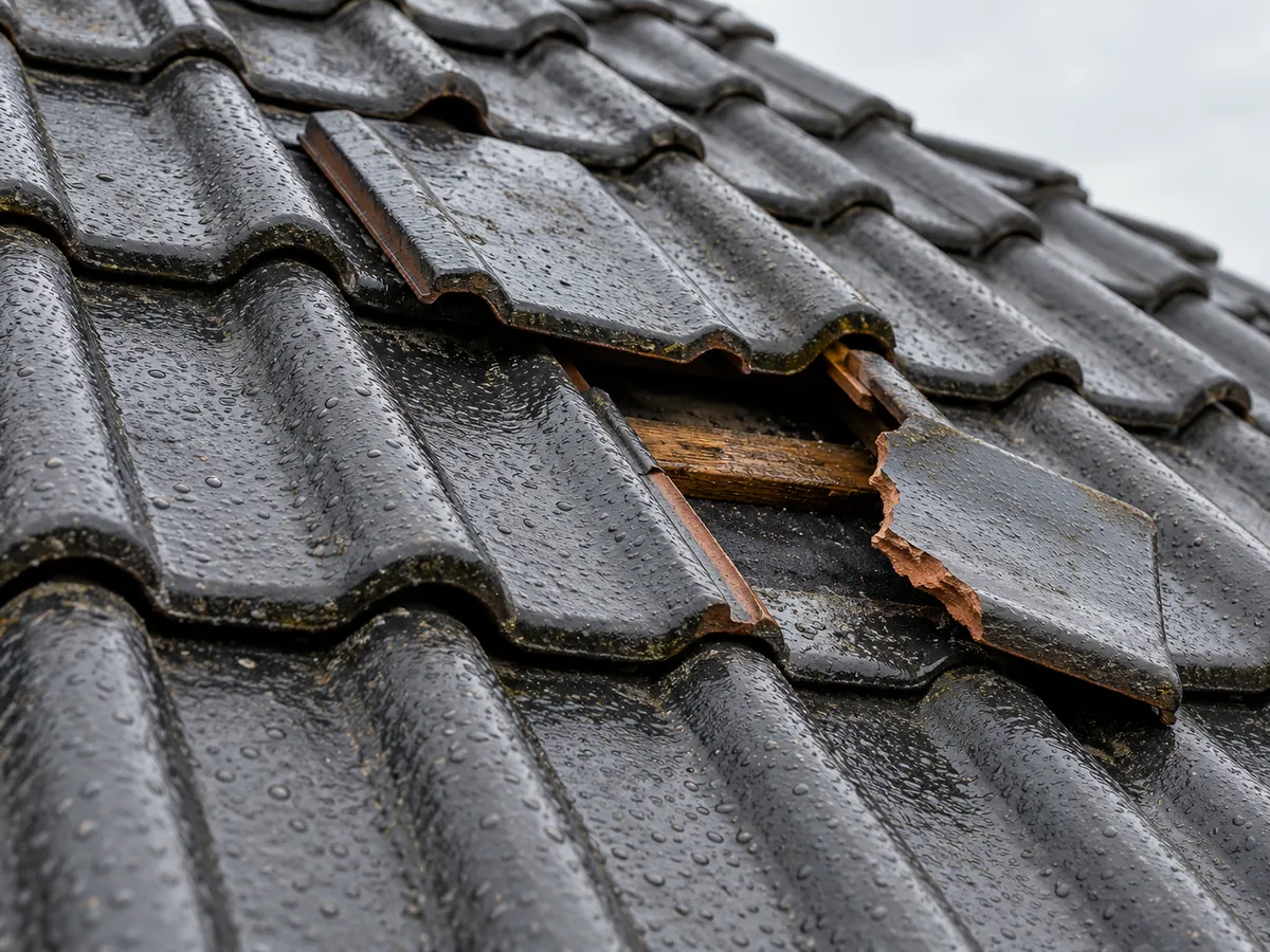 Verschobene und gebrochene Dachziegel nach einem Sturm