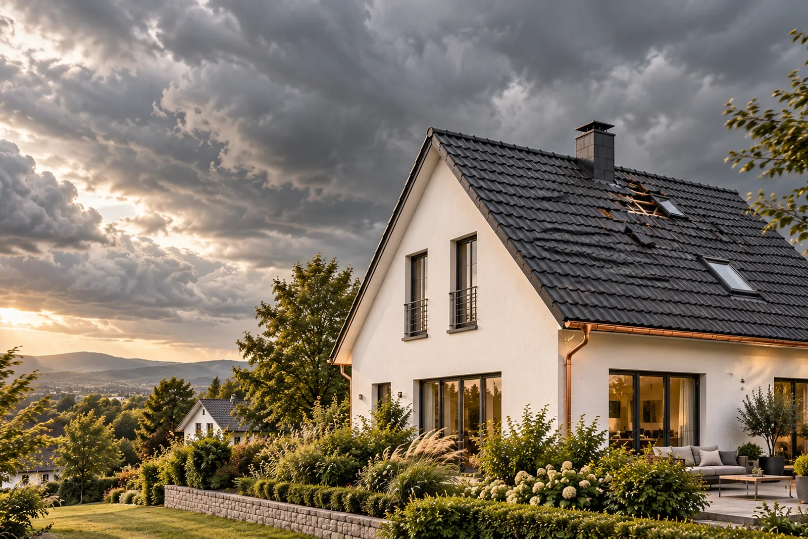 Wohnhaus unter Sturmwolken mit einzelnen verschobenen Dachziegeln