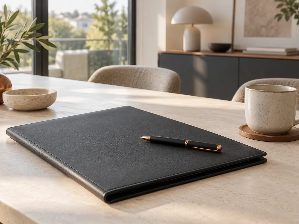 Vertragsmappe und Stift auf einem hellen Tisch